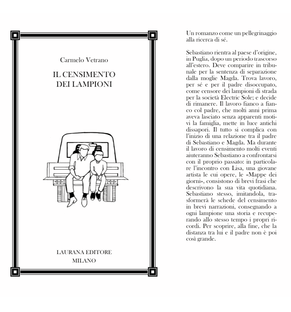 Copertina del romanzo "Il censimento dei lampioni". Un padre e un figlio seduti su un camioncino, vicini.