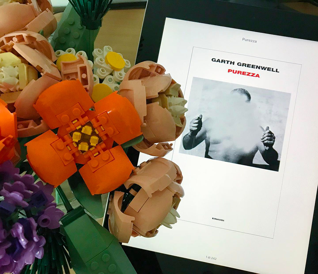 Copertina dell'ebook di garth greenwell accompagnato da un mazzo di fiori Lego di plastica.