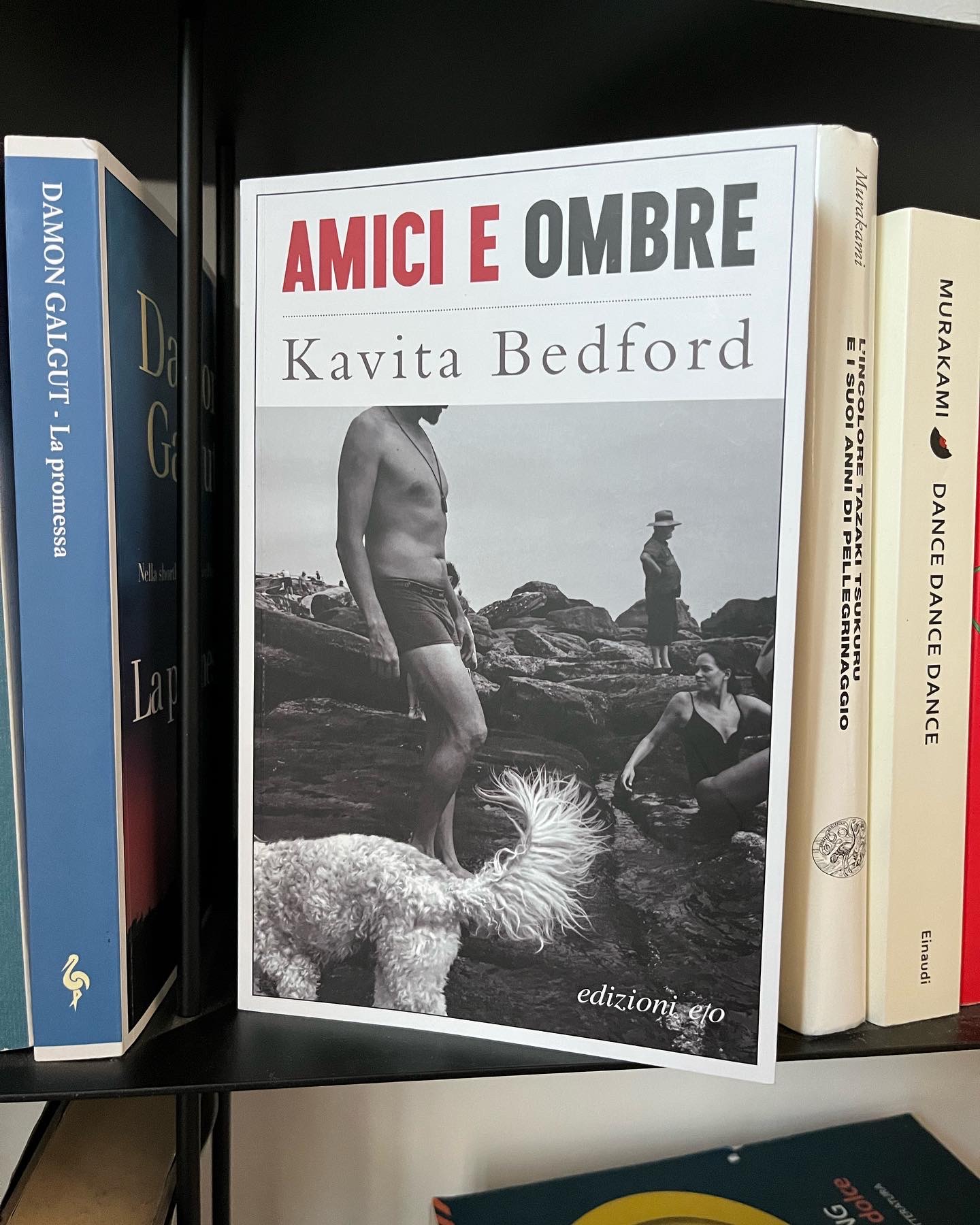 copertina del libro amici e ombre di kavita bedford con una foto in bianco e nero di una spiaggia di scogli, un uomo e un cane